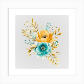 Watercolor Gold And Teal Bouquets 3 Art Print