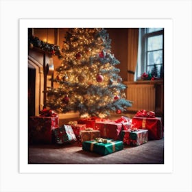 Christmas Presents Under Christmas Tree At Home Next To Fireplace Haze Ultra Detailed Film Photog (3) Art Print