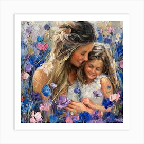 Mother And Daughter In Flowers Art Print