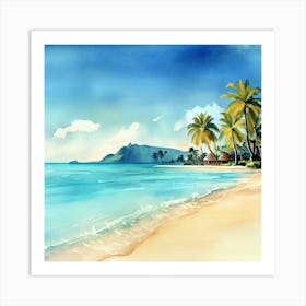 Watercolor Tropical Beach With Palm Trees, Bora Bora 2 Art Print