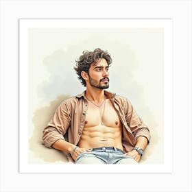 Spanish Man With A Relaxed Pose, Watercolor With Soft, Soothing Colors 1 Art Print