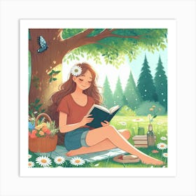 Girl Reading A Book In The Park, Vector Style Art Print