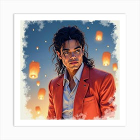 Watercolor Scene Of Michael Jackson With Floating Lanterns 1 Art Print