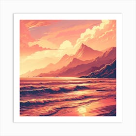 Evening Rosegold Beach at sunset amidst the mountains in an art print 2 Art Print