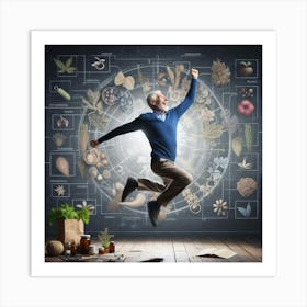 Senior Man Jumping In Front Of A Medical Diagram Art Print