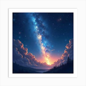 Watercolor Glowing Cosmic Rays Streaming Across The Starry Night Sky 1 Art Print