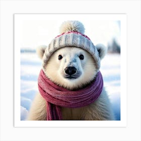 Firefly Playful, Endearing, Polar, Bear, Cub, Fluffy, White, Fur, Snowy, Backdrop, Knit, Cap, Scarf, (3) Art Print