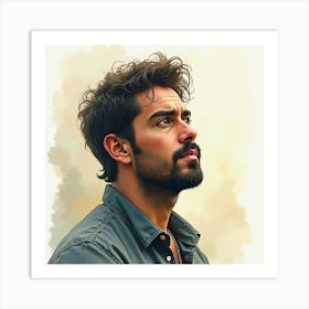 Spanish Man With A Contemplative Look, Watercolor With Subtle Tones 1 Art Print