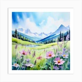 Watercolor Country Meadow Swiss Alps Art Print