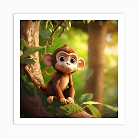 A Cute Cartoon Monkey In A Tree Art Print