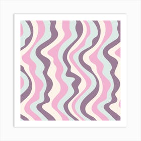 GOOD VIBRATIONS Groovy Mod Wavy Psychedelic Abstract Stripes in Cool Retro Colours Orchid Pink Plum Light Mint White Art Print