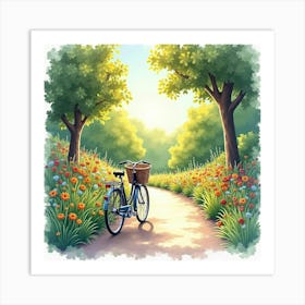 Elegant Bike Through A Sunlit Garden Watercolor Scene 1 Art Print