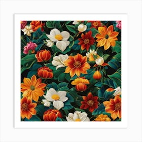 Flowers On A Black Background Art Print