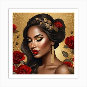 Black Woman With Red Roses 4 Art Print