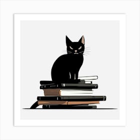 Black Cat Sitting On Books Art Print