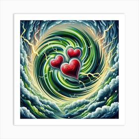 3 Dimensional Lightning With Multiple Green And White Swirls In A Vortex Of 3 Red Hearts Oil Painting 3 Art Print