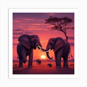 Sunset Elephants Art Print