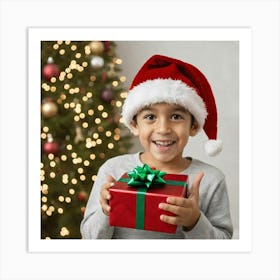 Boy In Santa Hat Art Print