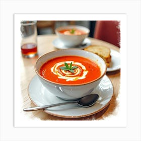 Watercolor Scene Of A Rich And Creamy Tomato Soup On A Chic Restaurant Table Art Print