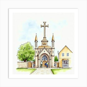 Watercolor Illustration Of The Chichester Cross, Featuring Its Historic Design And Bustling Surroundings Art Print