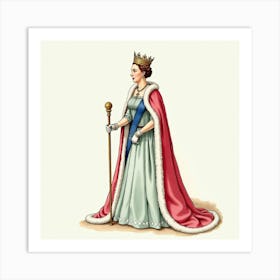 Watercolor Painting Of Queen Elizabeth I, Detailed Royal Robes, Scepter 1 Art Print