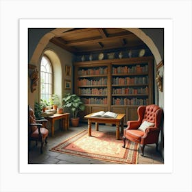 Ancient Library With Magical Tomes, Watercolor 1 Art Print