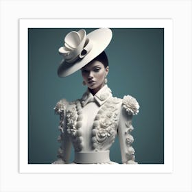 Model In White Dress And Hat Art Print