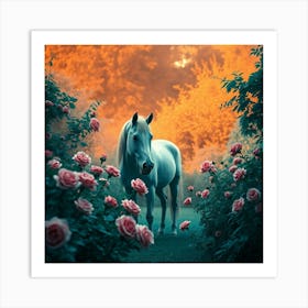 White Horse In The Garden Art Print