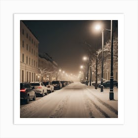 A Dimly Lit Snowy Street Lined With Parked Cars Has Buildings In The Background, Streetlights Providing Safety Amid The Peaceful White Surroundings Art Print