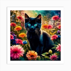 Black Cat In Flowers Art Print