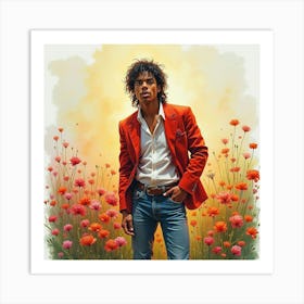 Watercolor Depiction Of Michael Jackson In A Radiant Garden 1 Art Print