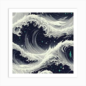 Cinematic Futuristic Waves Under Starry Cosmic Night Sky Art Print