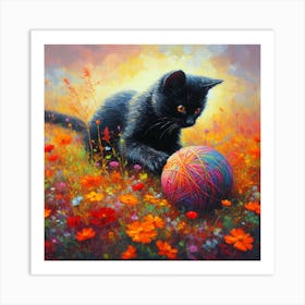 Black Kitty And The Ball Of Yarn Art Print