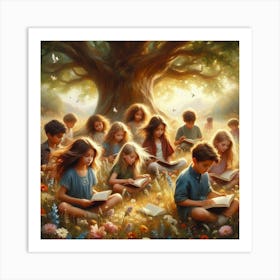 Children Reading Under A Tree Art Print