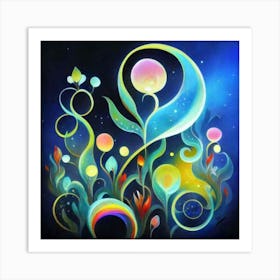 Abstract oil painting: Water flowers in a night garden Art Print