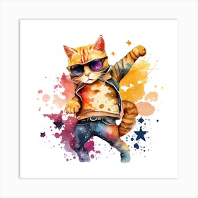 Watercolor Cute Cat Cool Superstar Cartoon Animal Character Art Print