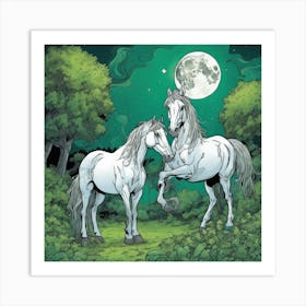 Two Horses In The Moonlight Art Print