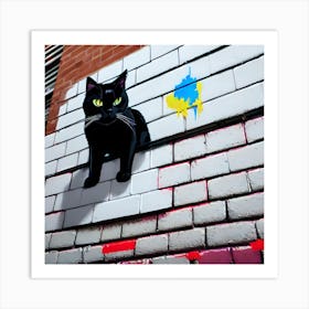 3D, Black Cat On Brick Wall Art Print