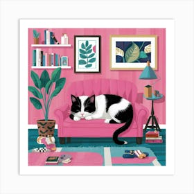 Cat Nap Tuxedo Cat Napping In Pink Interior Art Il Oguw Art Print