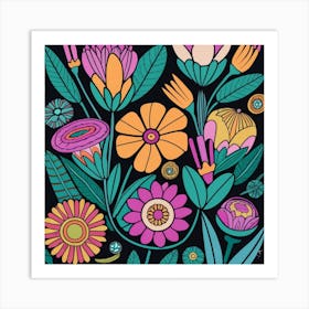 Flowers On A Black Background Art Print