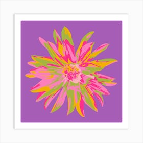 DAHLIA BURSTS Single Abstract Blooming Floral Summer Bright Flower in Fuchsia Pink Yellow Lime Green on Violet Purple Art Print