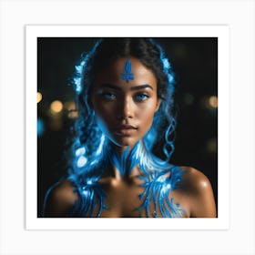 Woman with neon blue body art Art Print