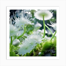 White Mushrooms With Water Droplets Art Print