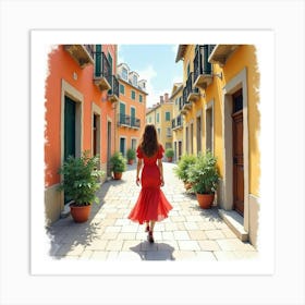 Elegant Italian Woman In Watercolor, Walking Through A Charming Old Town Art Print