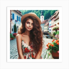 Beautiful Young Woman In A Floral Dress Posing In A Town Art Print