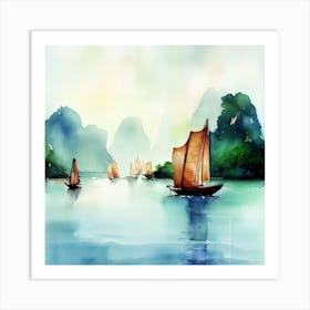 Watercolor Boats In The Water, Hạ Long Bay 1 Art Print