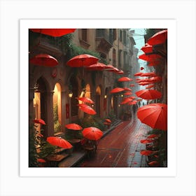 Red Umbrellas In The Rain Art Print