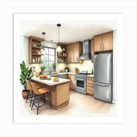 Artistic Kitchen In Watercolor, Cozy And Modern Appeal 1 Art Print