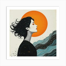 Sun profile , Halftone pattern, female profile with pale skin and waving hair, curved shapes Art Print