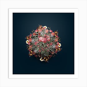 Vintage Cabbage Rose Flower Wreath on Teal Blue n.0122 Art Print